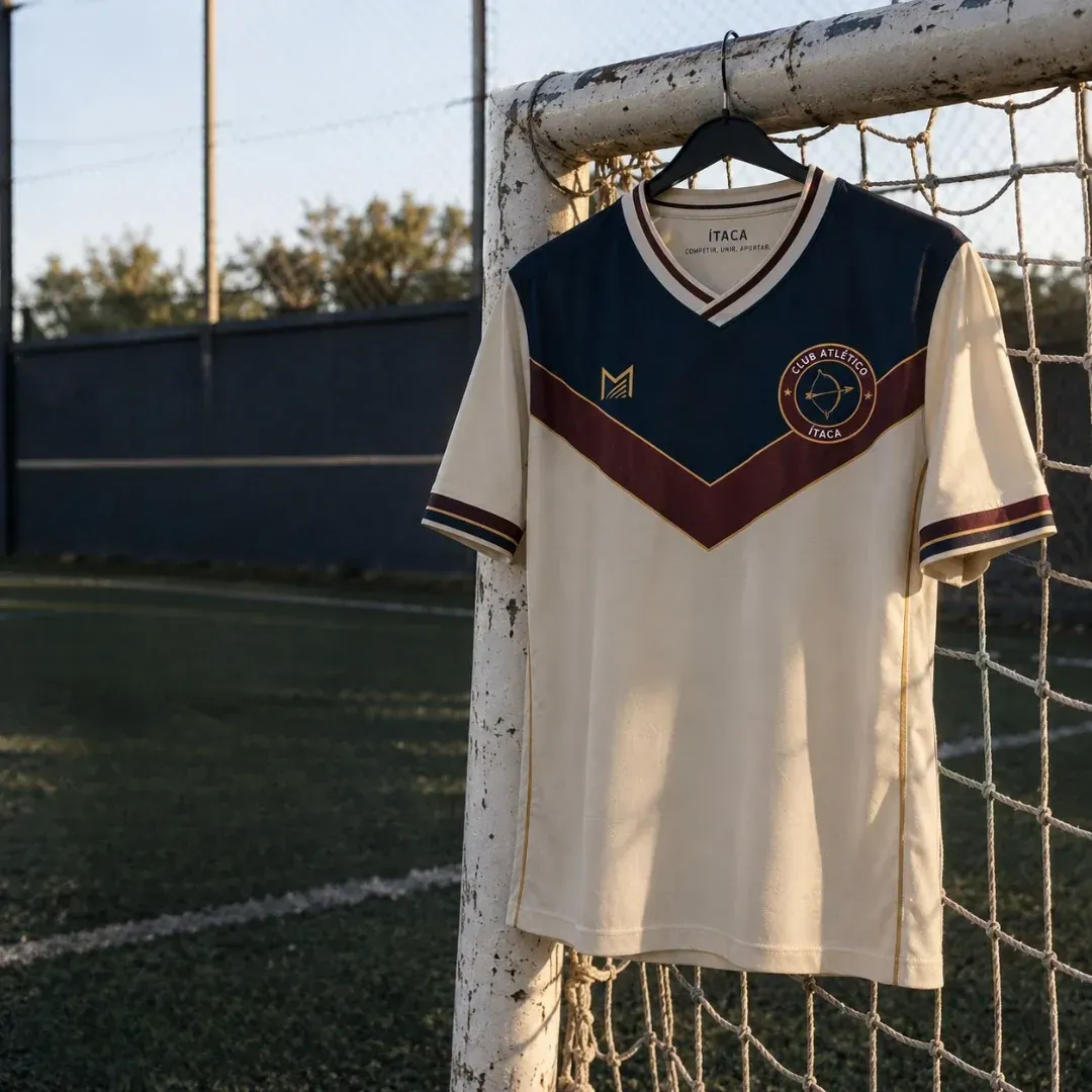 Camiseta titular de Club Atlético Ítaca colgada en el arco de una cancha